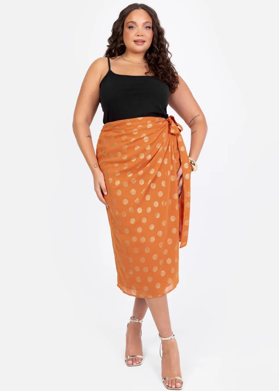 Skirts>Lovedrobe Metallic Detail Orange Functional Wrap Midi Skirt