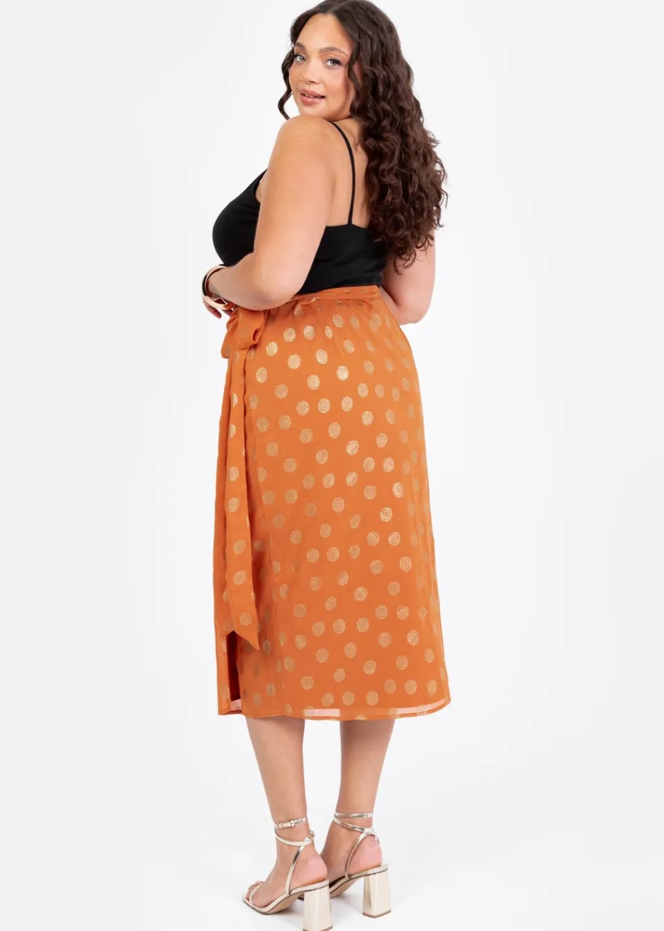 Skirts>Lovedrobe Metallic Detail Orange Functional Wrap Midi Skirt