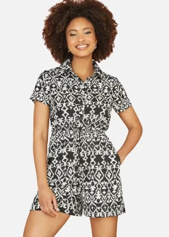 Jumpsuits & Playsuits>Mela Black Abstract Print Playsuit