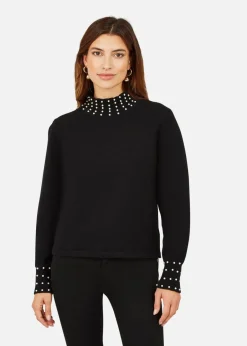 Tops>Mela Black Pearl Detail High Neck Jumper