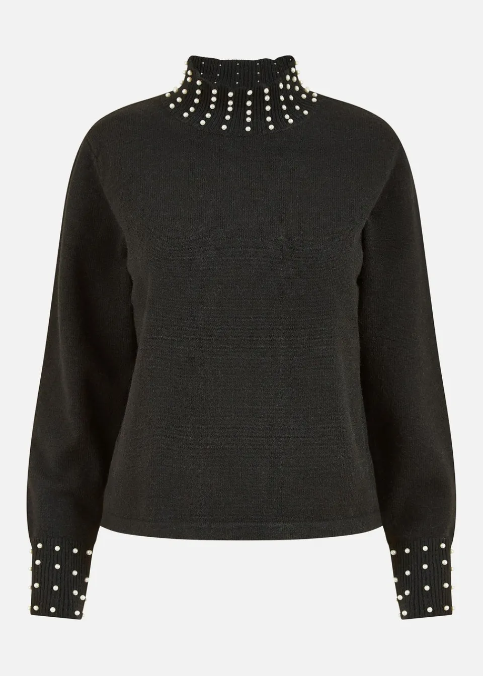 Tops>Mela Black Pearl Detail High Neck Jumper