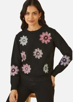 Tops>Mela Black Sequin Flower Jumper
