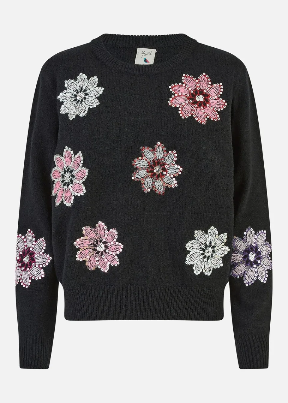 Tops>Mela Black Sequin Flower Jumper