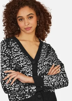 Tops>Mela Black Sequin Knitted Cardigan