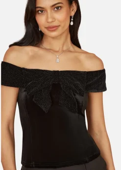 Tops>Mela Black Sparkle Velvet Bow Bardot Top