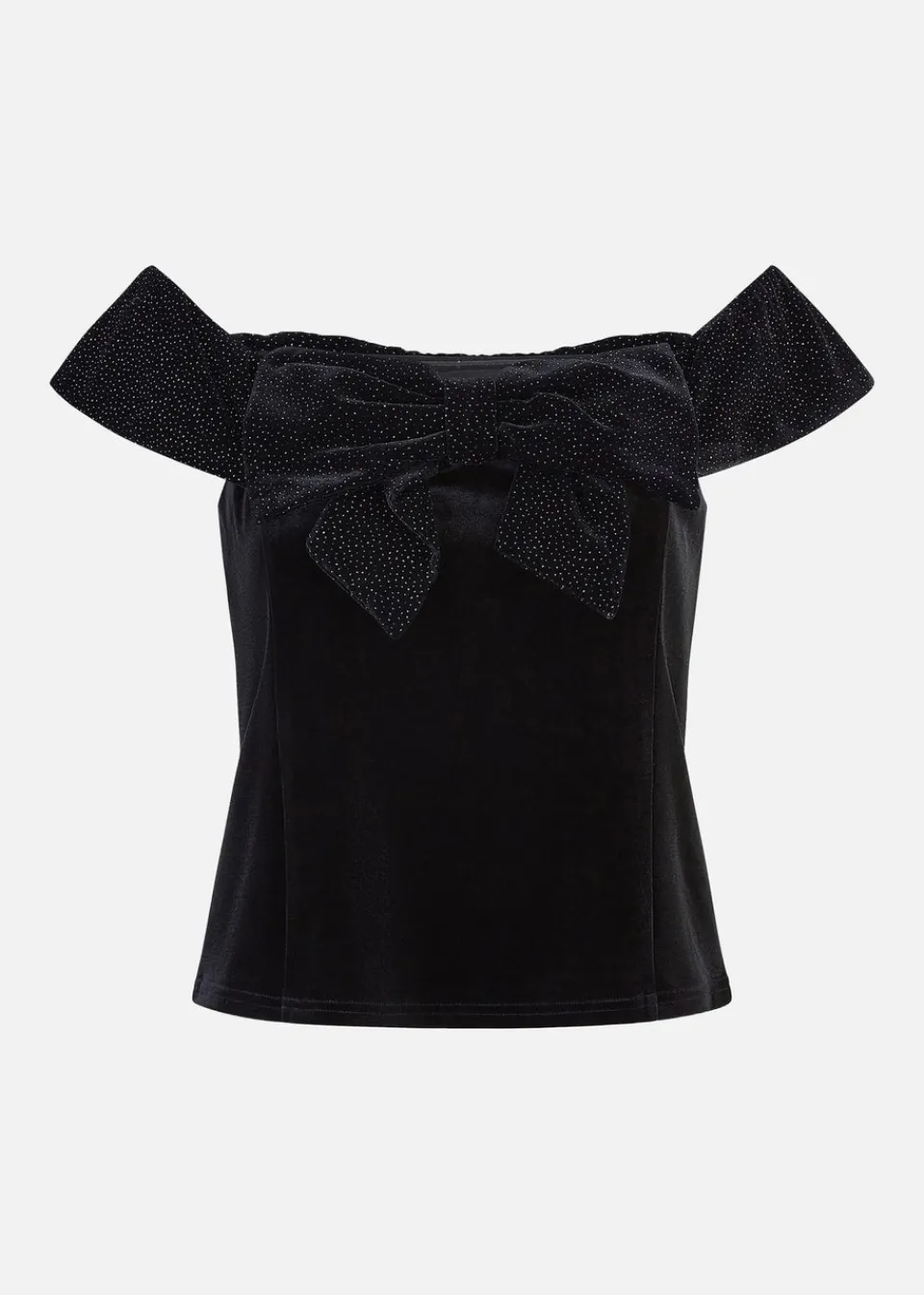 Tops>Mela Black Sparkle Velvet Bow Bardot Top