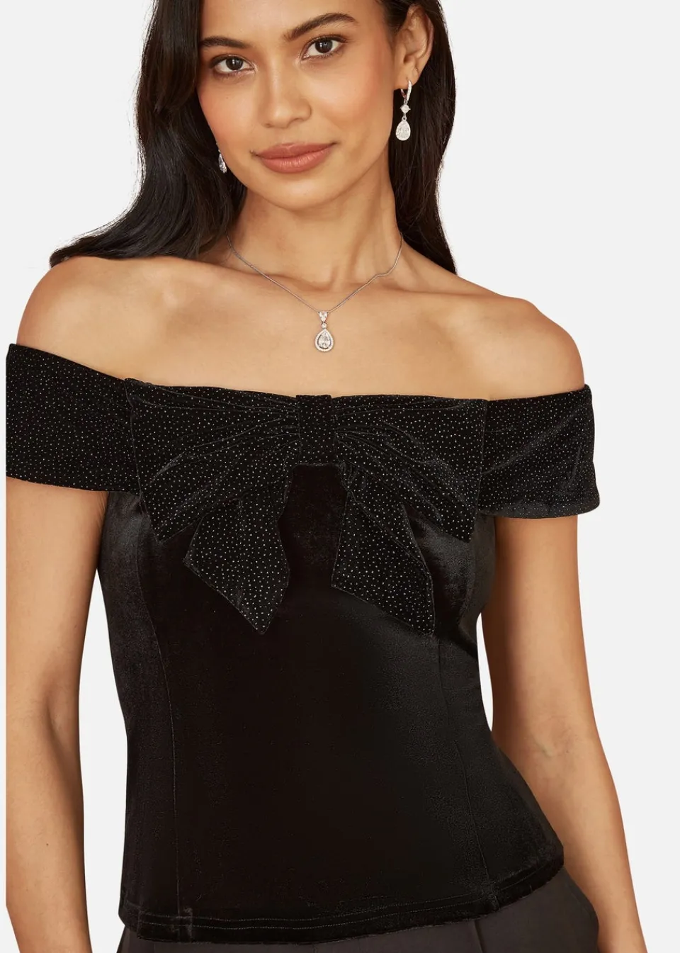Tops>Mela Black Sparkle Velvet Bow Bardot Top