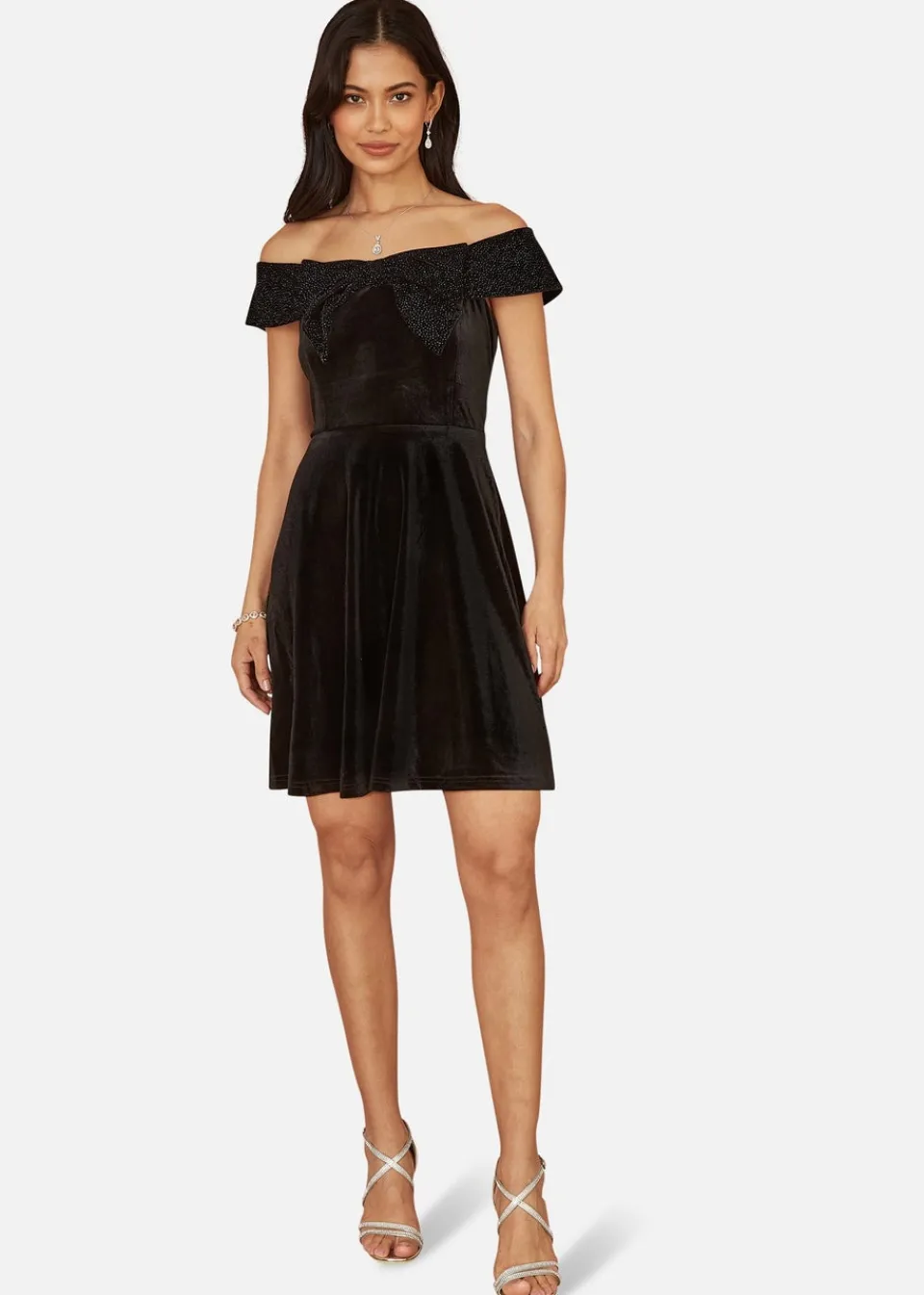 Dresses>Mela Black Velvet Skater Dress With Sparkle Bow Neckline