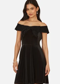 Dresses>Mela Black Velvet Skater Dress With Sparkle Bow Neckline