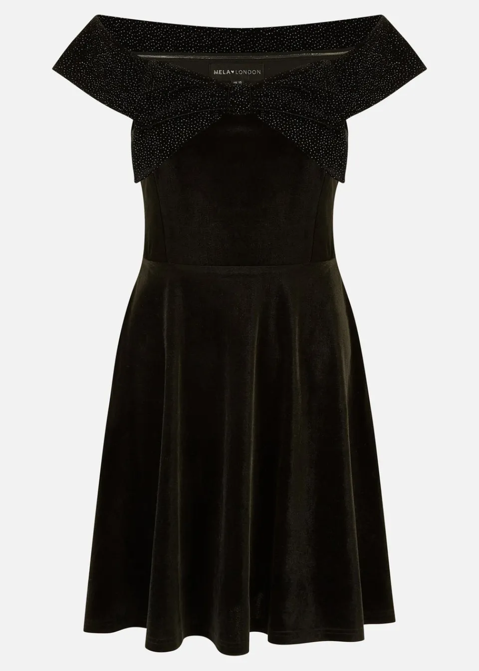 Dresses>Mela Black Velvet Skater Dress With Sparkle Bow Neckline