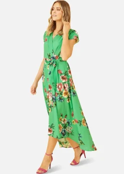 Dresses>Mela Bright Floral Dip Hem Wrap Midi Dress Green