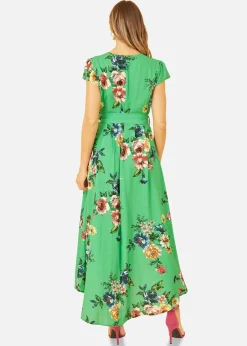 Dresses>Mela Bright Floral Dip Hem Wrap Midi Dress Green