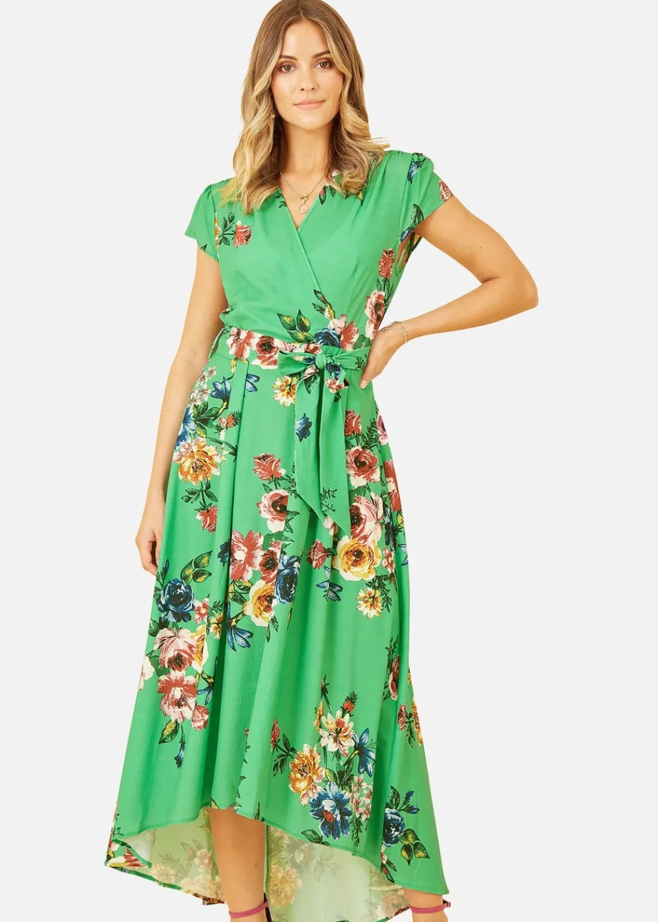 Dresses>Mela Bright Floral Dip Hem Wrap Midi Dress Green