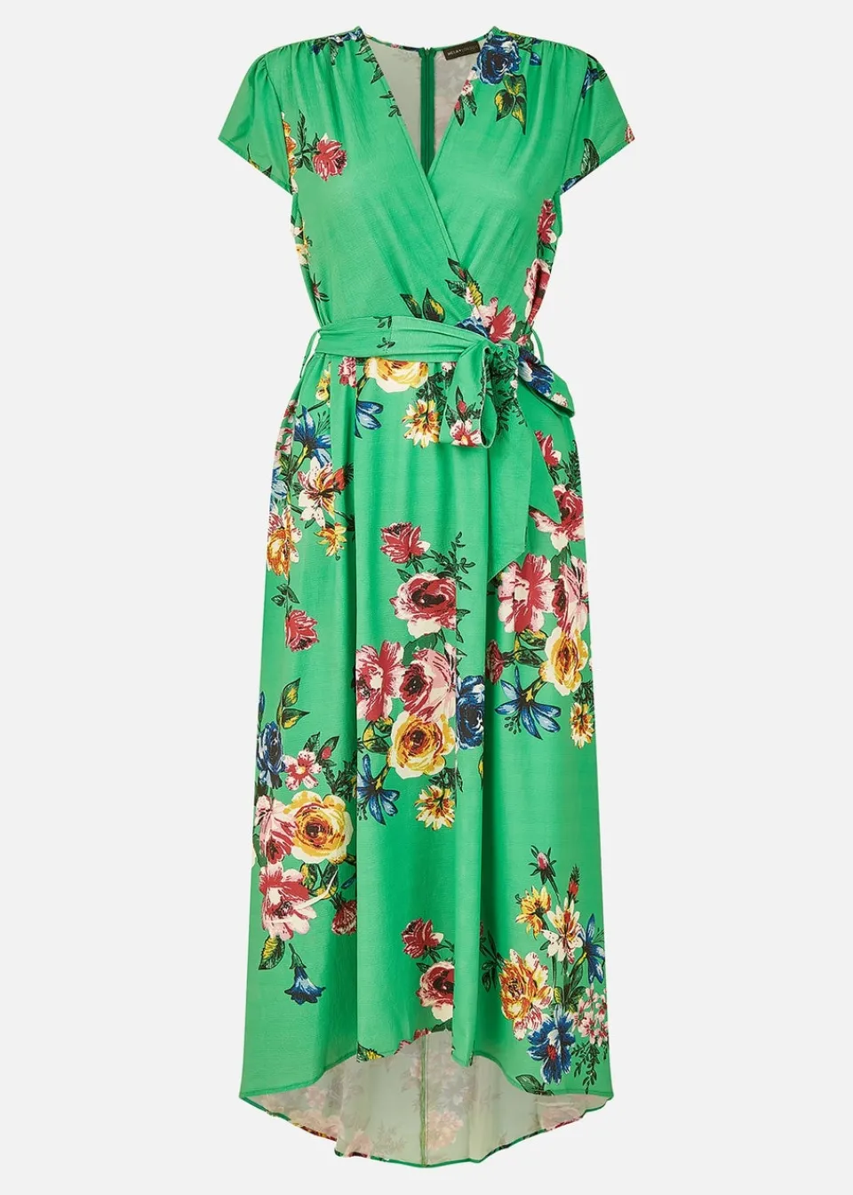 Dresses>Mela Bright Floral Dip Hem Wrap Midi Dress Green