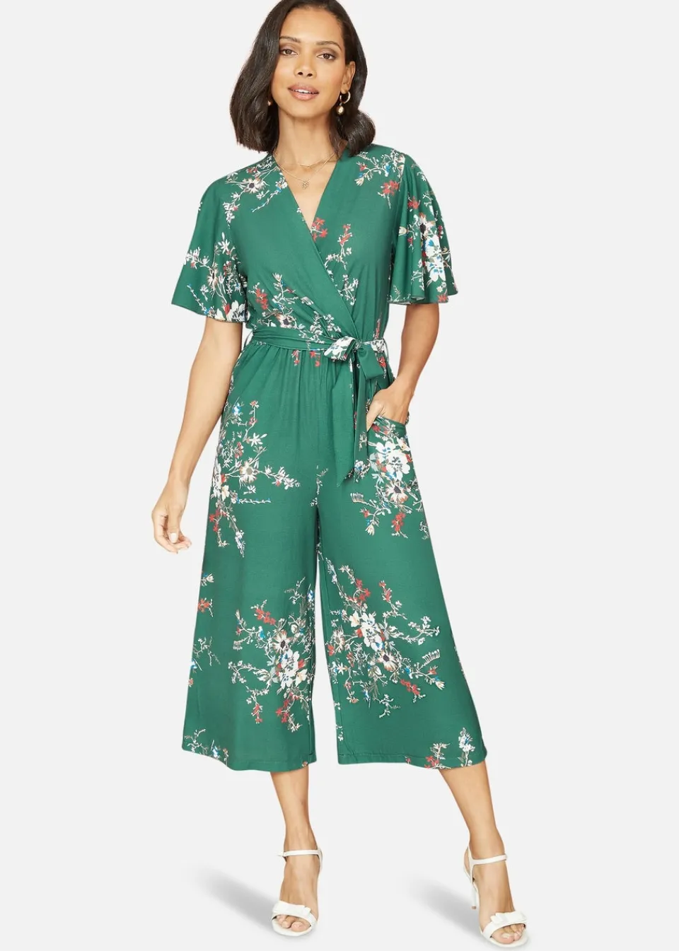 Jumpsuits & Playsuits>Mela Green Floral Print Jumpsuit With Angel Sleeves