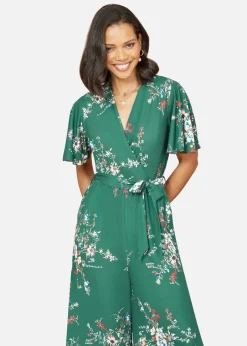 Jumpsuits & Playsuits>Mela Green Floral Print Jumpsuit With Angel Sleeves