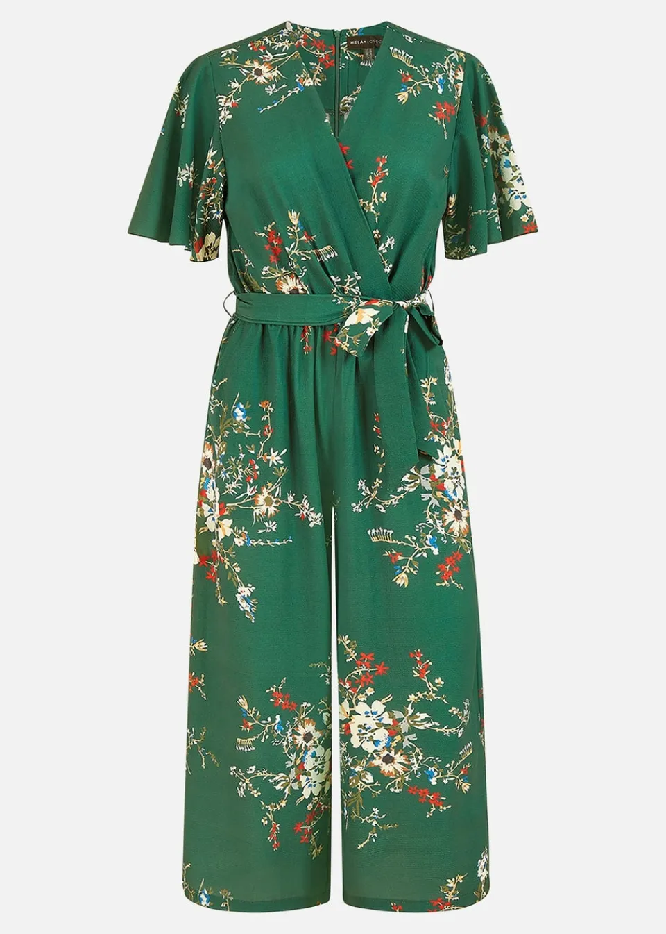 Jumpsuits & Playsuits>Mela Green Floral Print Jumpsuit With Angel Sleeves