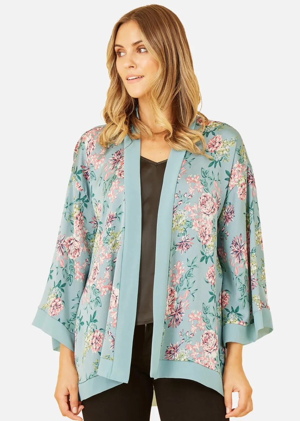 Tops>Mela Green Floral Satin Kimono