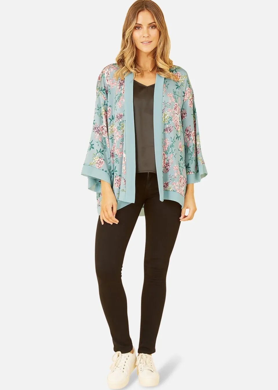 Tops>Mela Green Floral Satin Kimono