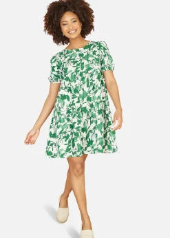 Dresses>Mela Green Leaf Print Tunic Skater Dress