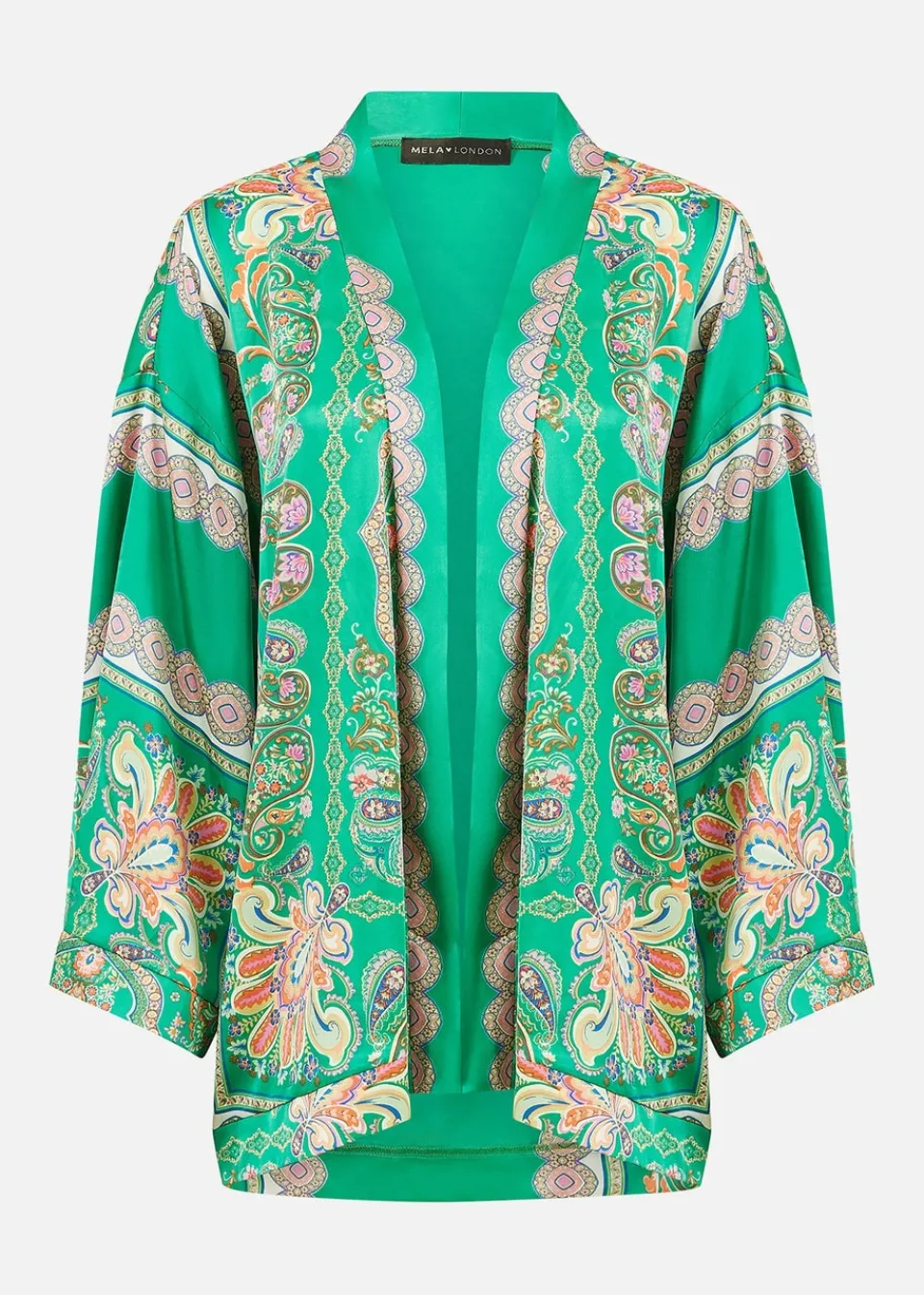 Coats & Jackets>Mela Green Paisley Print Satin Kimono