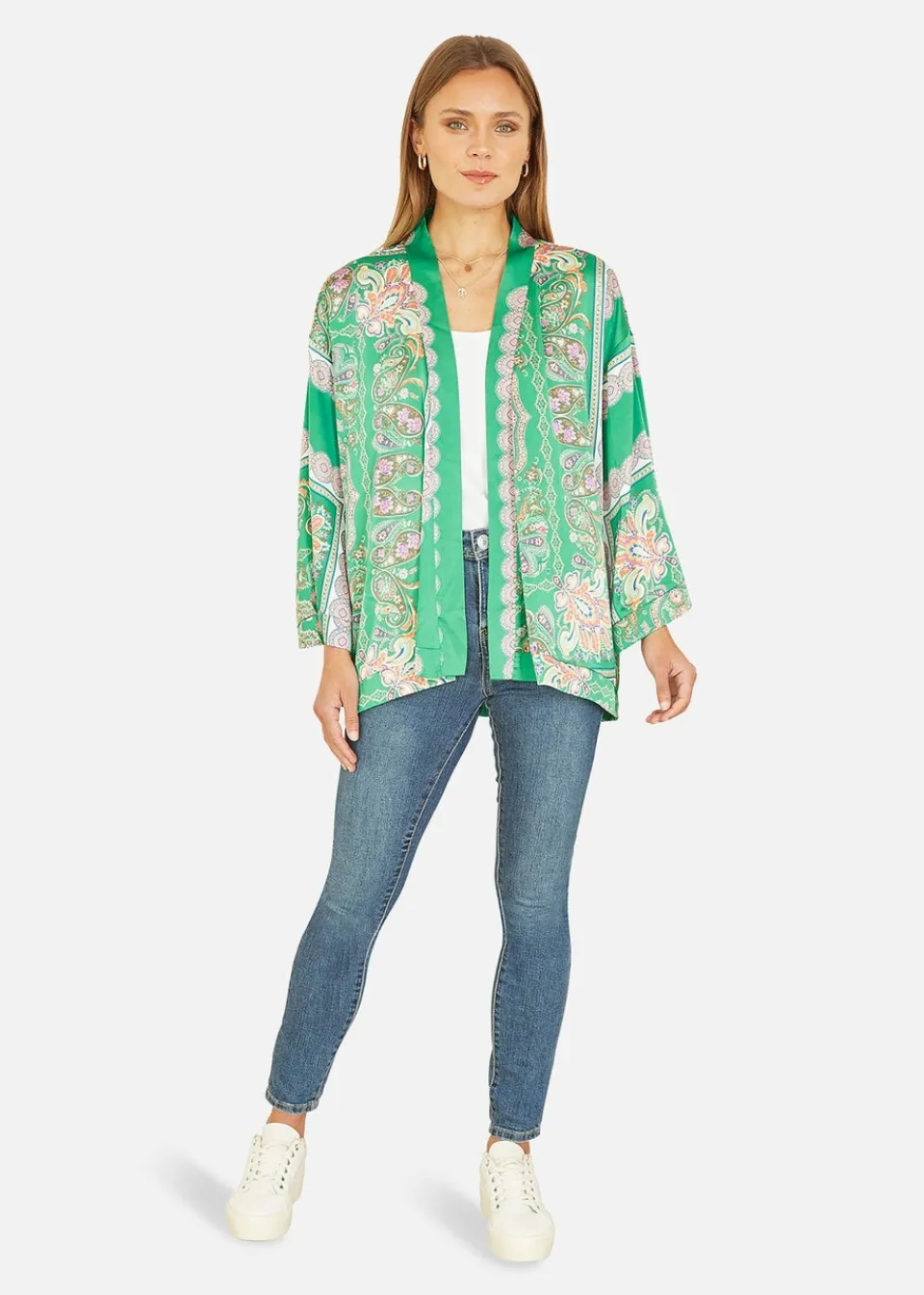 Coats & Jackets>Mela Green Paisley Print Satin Kimono