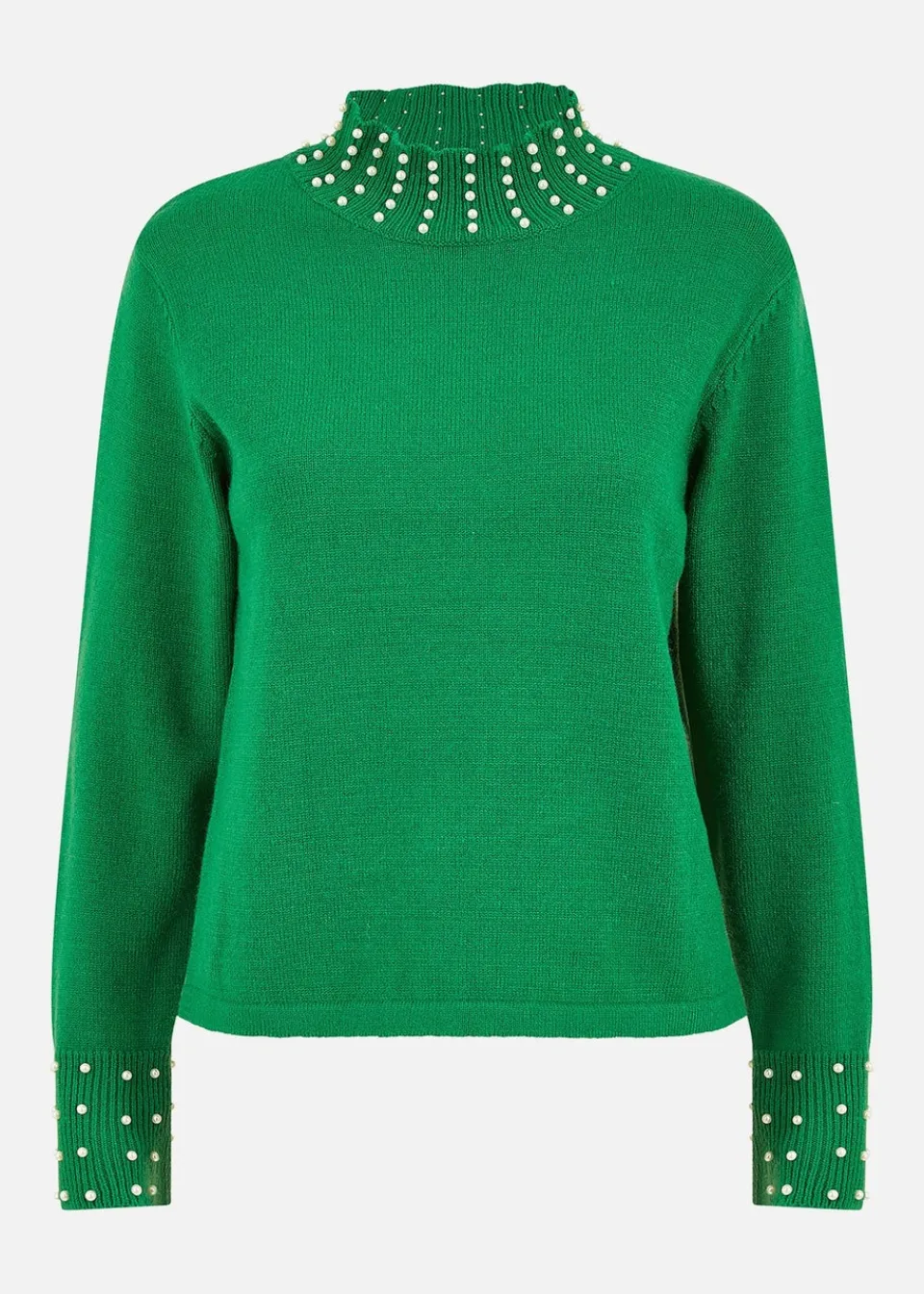 Tops>Mela Green Pearl Detail High Neck Jumper