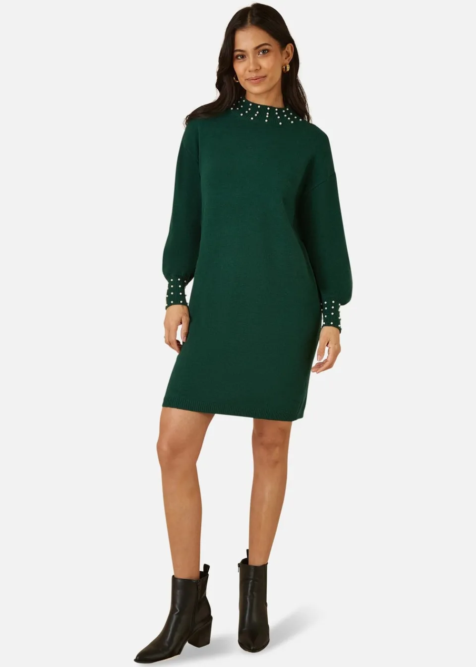 Dresses>Mela Green Pearl Detail Knitted Relaxed Jumper Dress