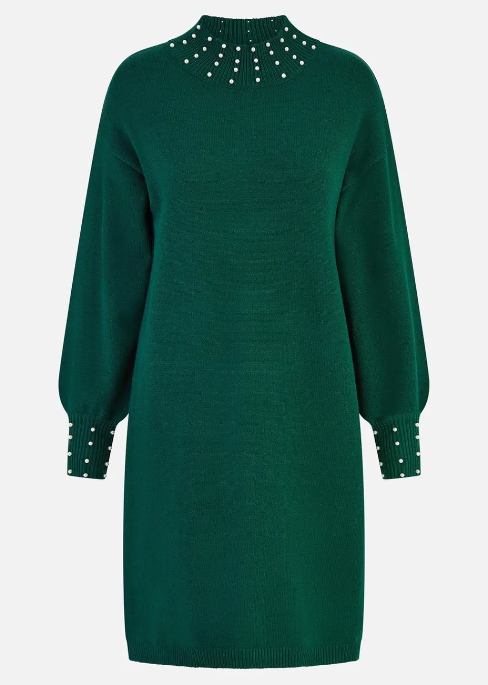 Dresses>Mela Green Pearl Detail Knitted Relaxed Jumper Dress