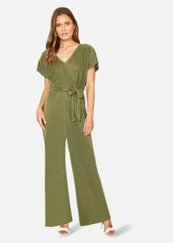 Jumpsuits & Playsuits>Mela Green Pleated Jumpsuit With V Neck