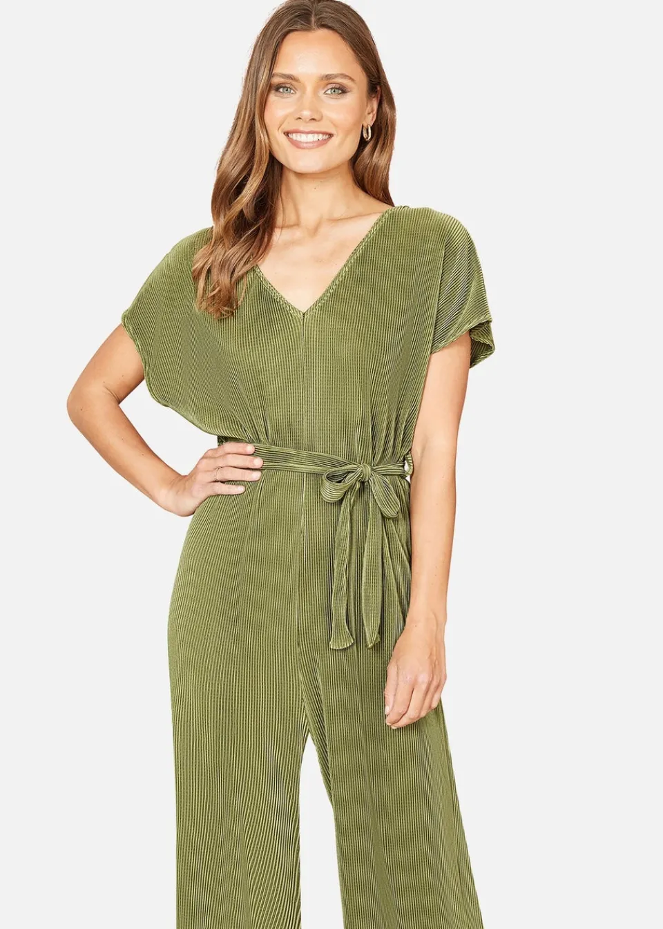 Jumpsuits & Playsuits>Mela Green Pleated Jumpsuit With V Neck