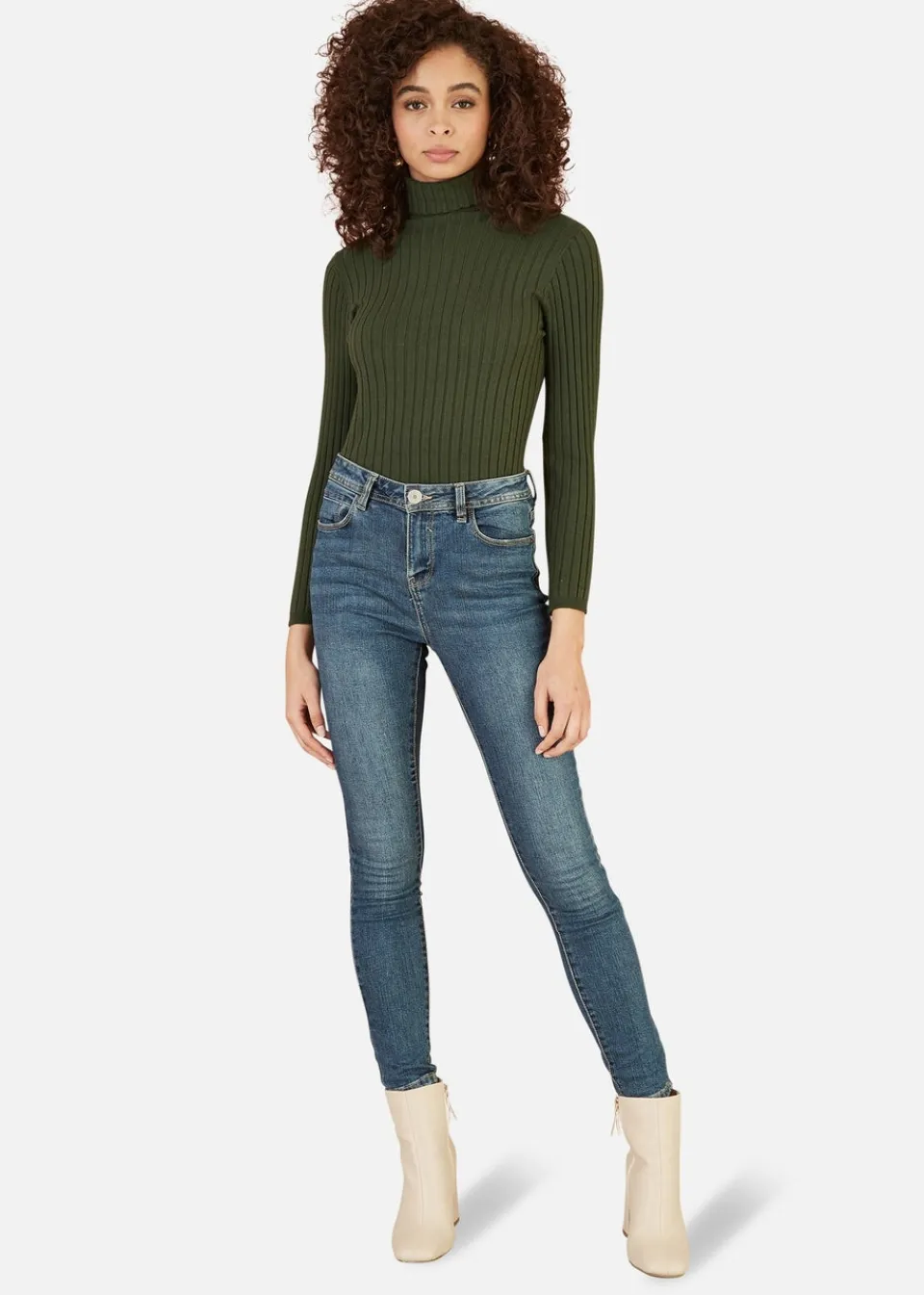 Tops>Mela Ribbed Knit Roll Neck Jumper Green