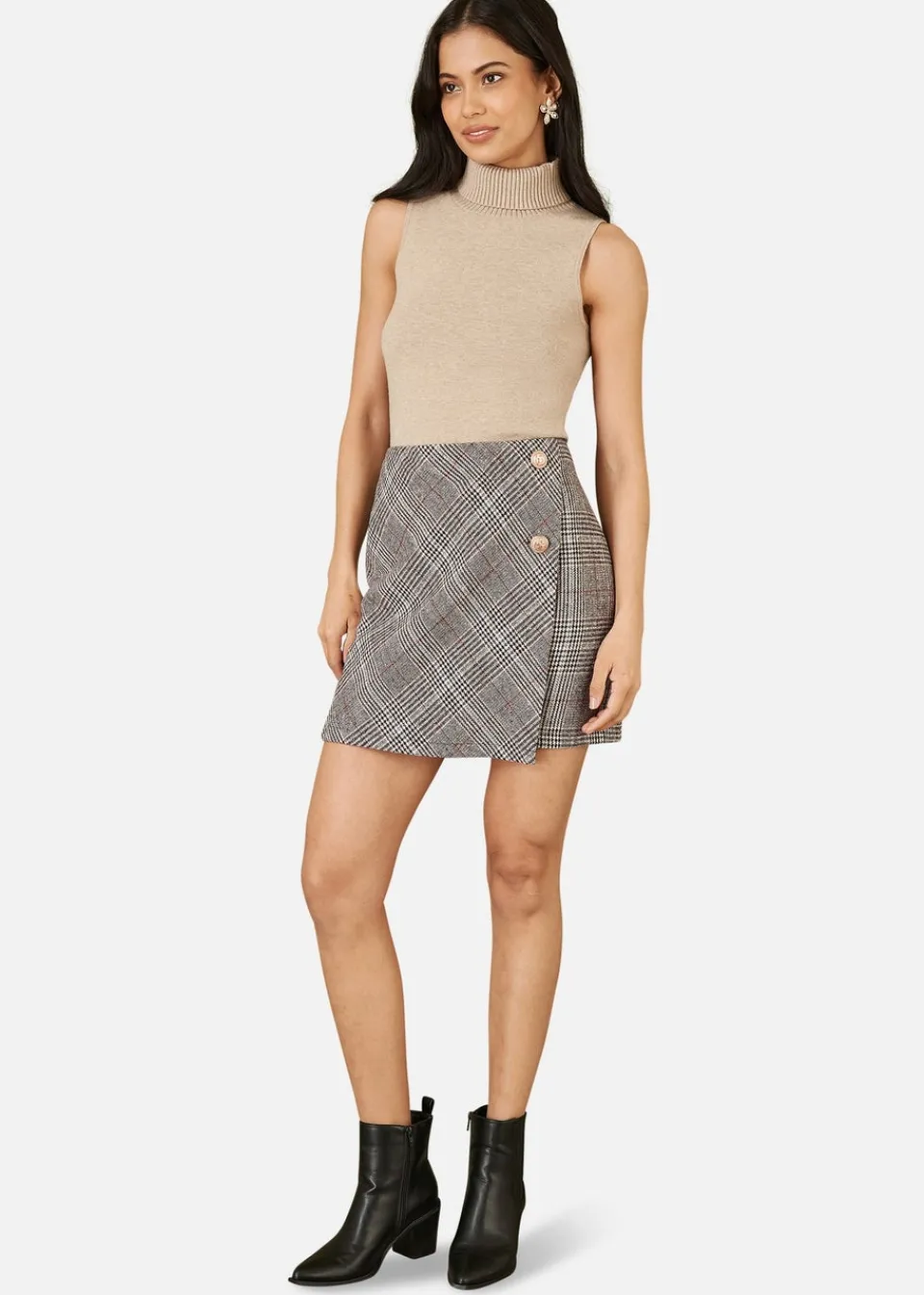 Skirts>Mela Grey Checked Wrap Mini Skirt With Button Detail