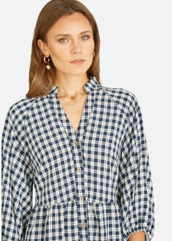 Dresses>Mela Navy Cotton Checked Button Through Tunic Dress