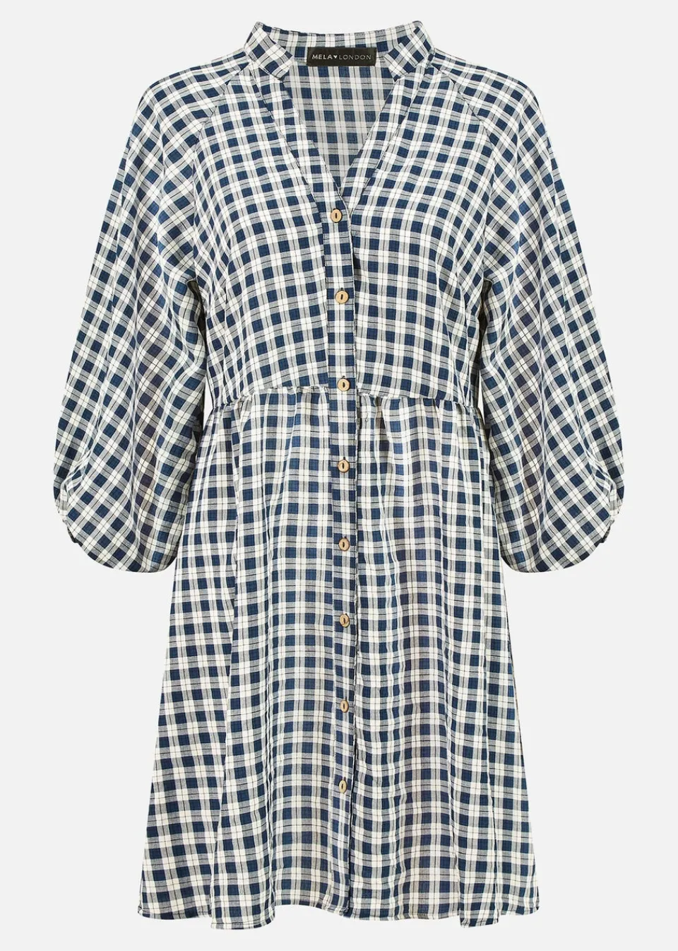 Dresses>Mela Navy Cotton Checked Button Through Tunic Dress