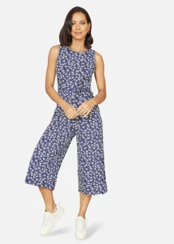 Jumpsuits & Playsuits>Mela Navy Ditsy Print Culotte Jumpsuit