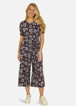 Jumpsuits & Playsuits>Mela Navy Floral Jumpsuit With Ruched Sleeves