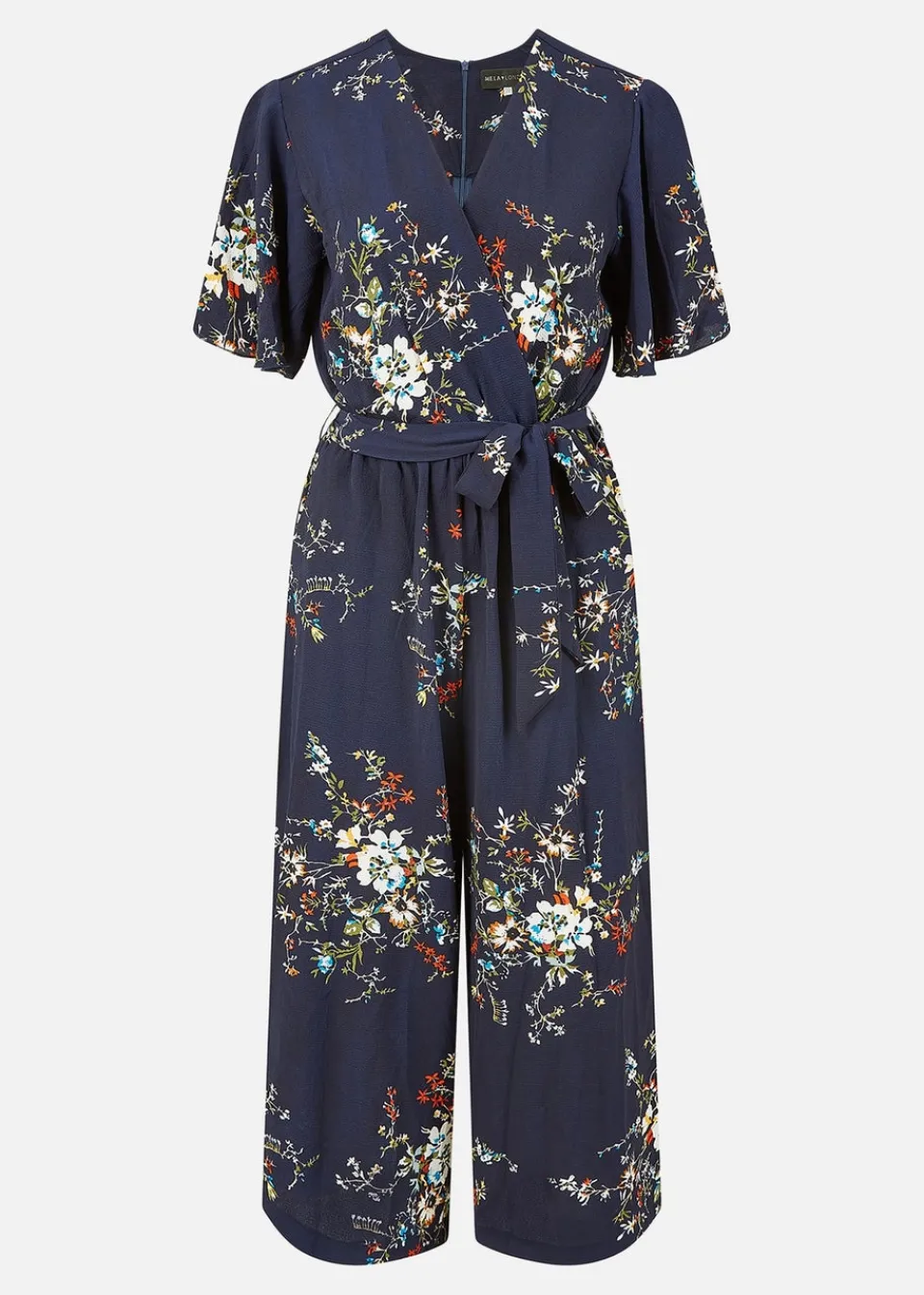 Jumpsuits & Playsuits>Mela Navy Floral Print Jumpsuit With Angel Sleeves