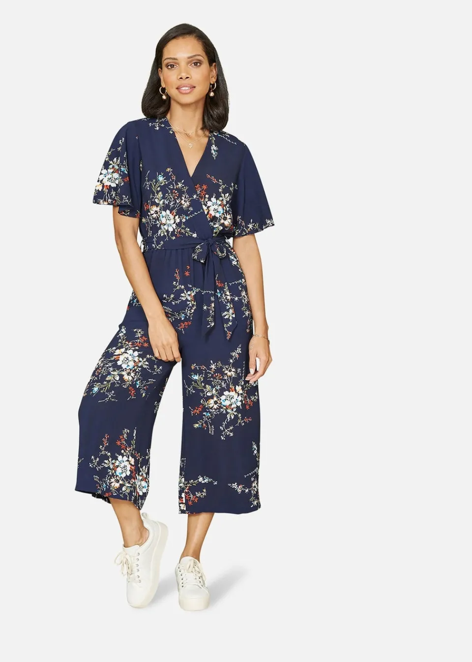 Jumpsuits & Playsuits>Mela Navy Floral Print Jumpsuit With Angel Sleeves