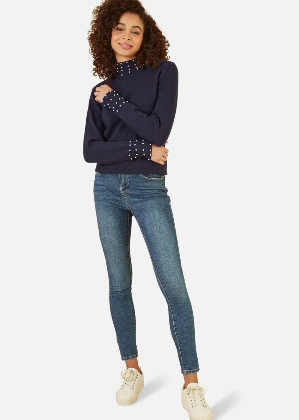 Tops>Mela Navy Pearl Detail High Neck Jumper