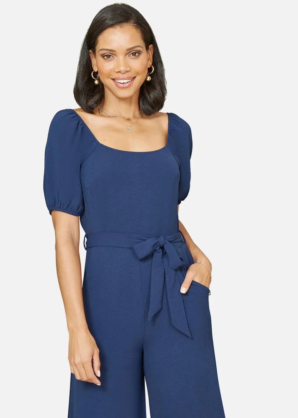 Jumpsuits & Playsuits>Mela Navy Square Neck Puff Sleeve Culotte Jumpsuit