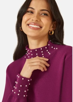 Tops>Mela Plum Pearl Detail High Neck Jumper