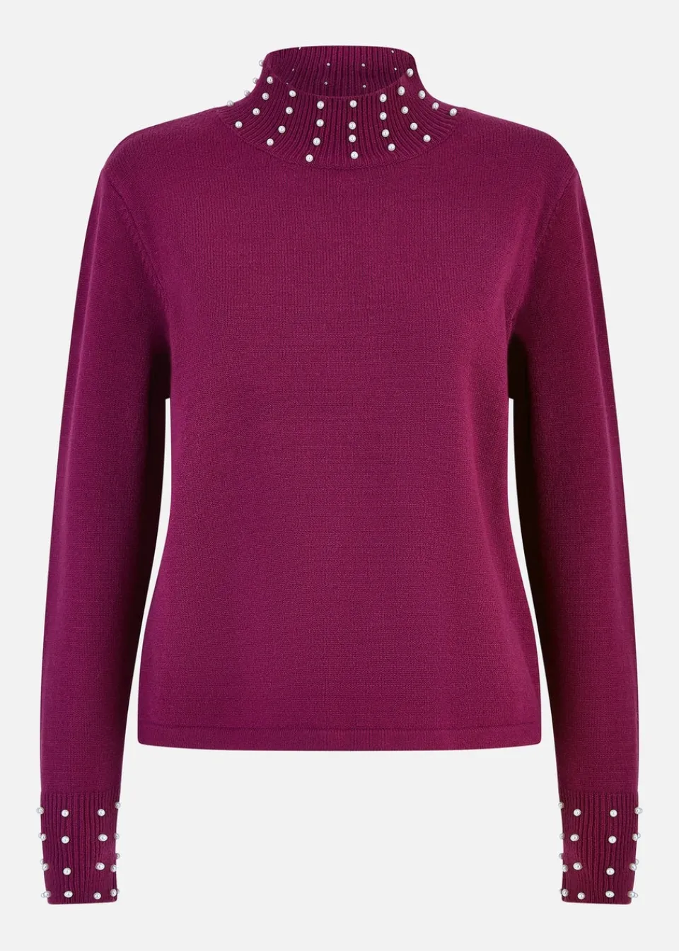 Tops>Mela Plum Pearl Detail High Neck Jumper