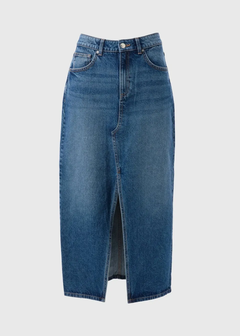Skirts>Papaya Mid Wash Denim Midi Skirt