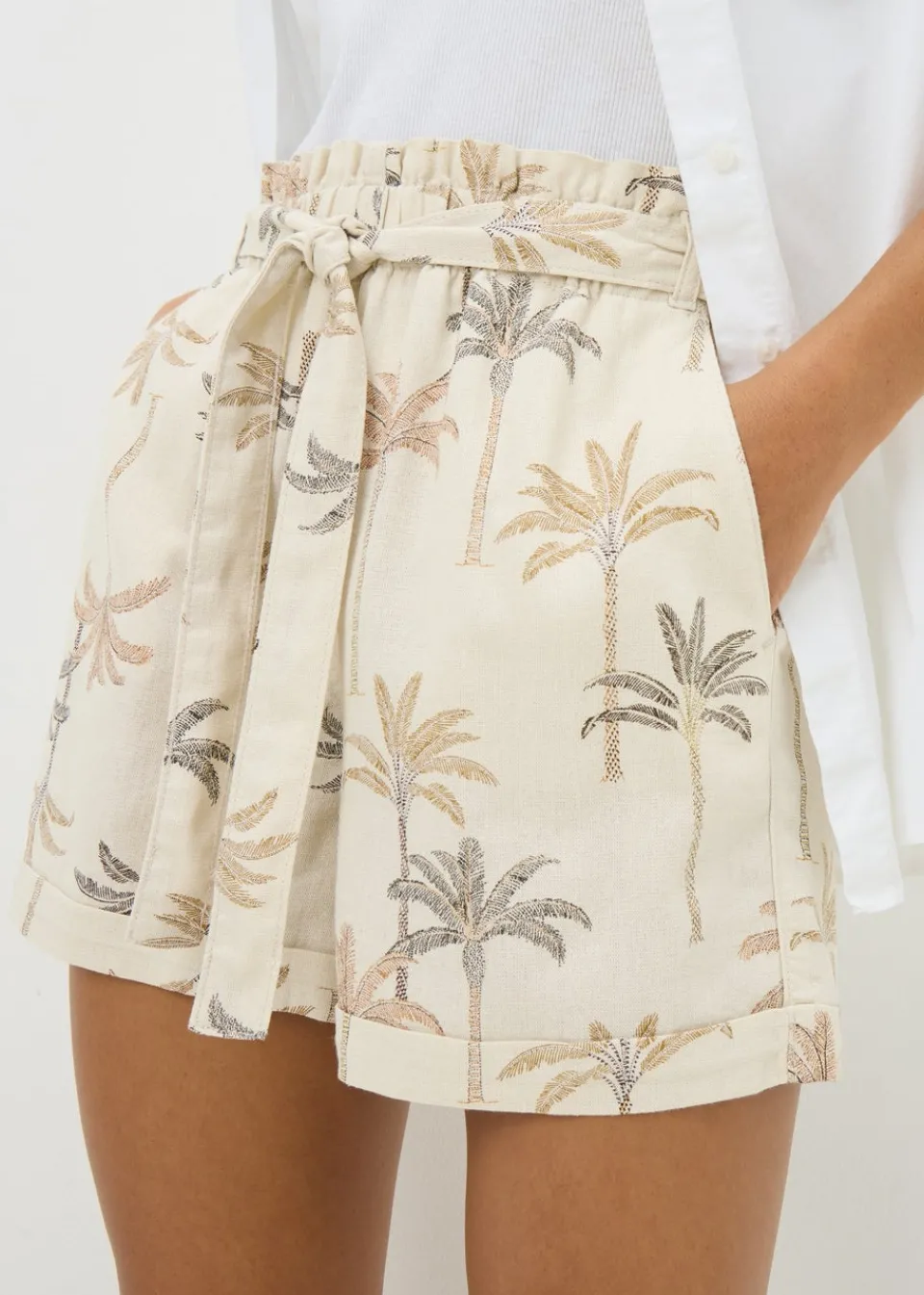Shorts>Papaya Holiday Natural Linen Blend Palm Print Shorts