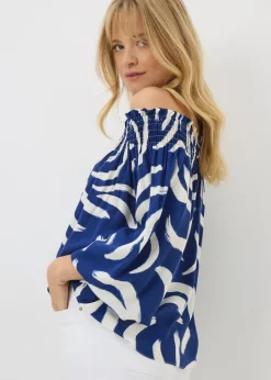 Tops>Papaya Navy Abstract Shirred Bardot Top