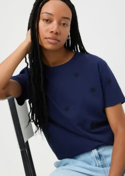 T-Shirts>Papaya Navy Embroidered Floral T-Shirt