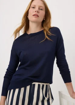 Tops>Papaya Navy Fine Gauge Long Sleeve Jumper
