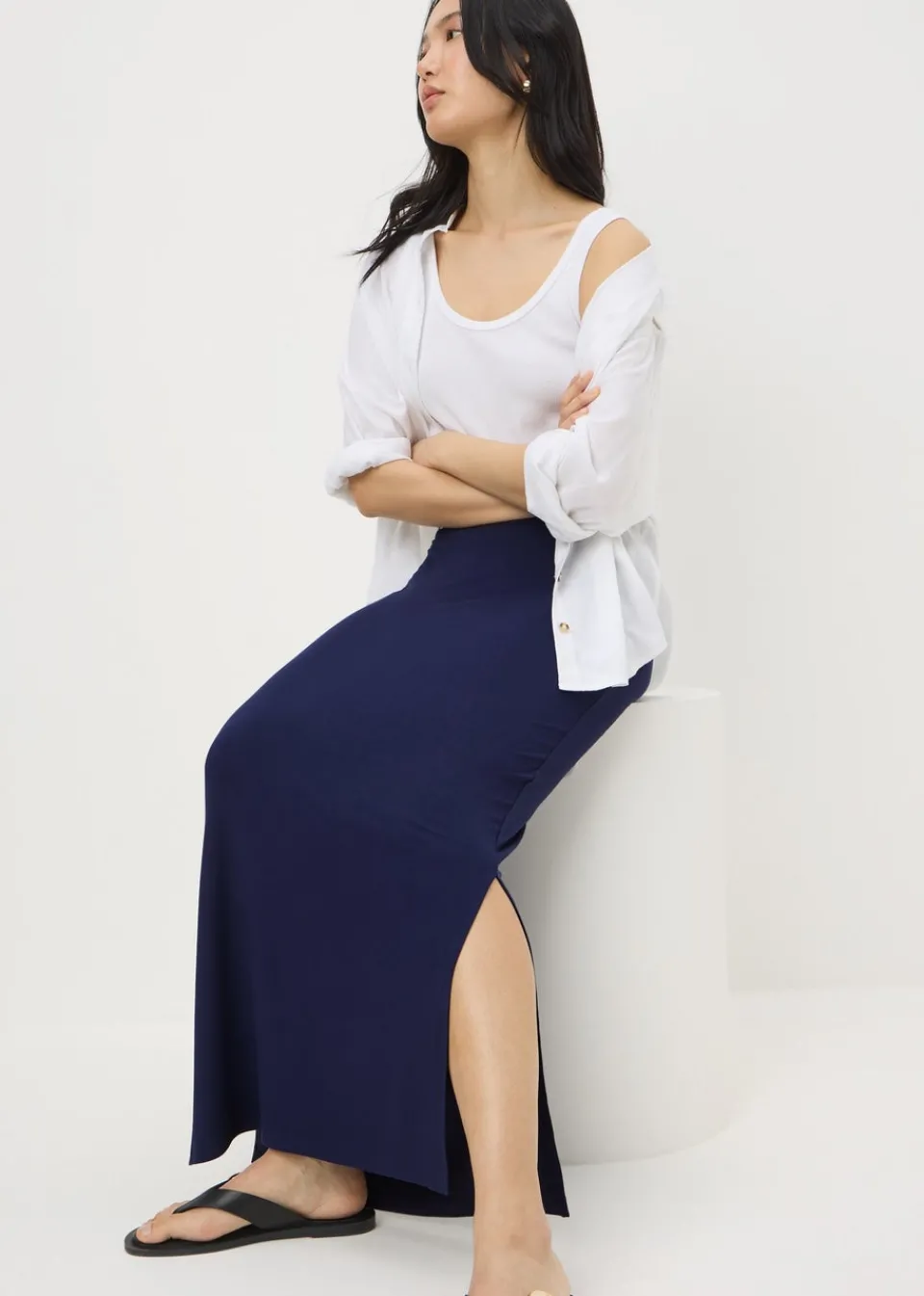 Skirts>Papaya Navy Jersey Maxi Skirt