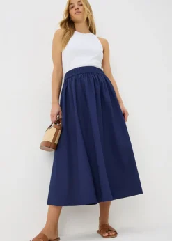 Skirts>Papaya Navy Midi Poplin Skirt